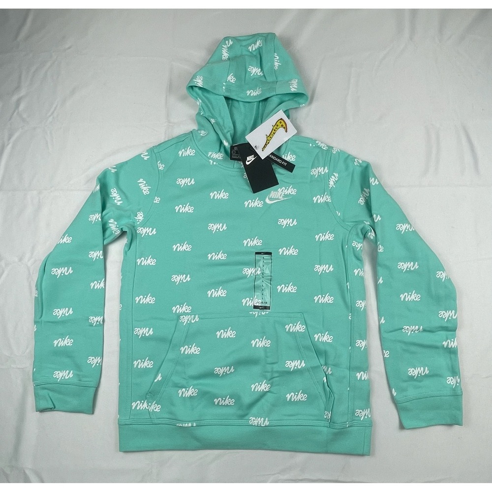 Nike Boys Sportswear Club Fleece Hoodie Teal Green All Over Logo DB3257-307 L